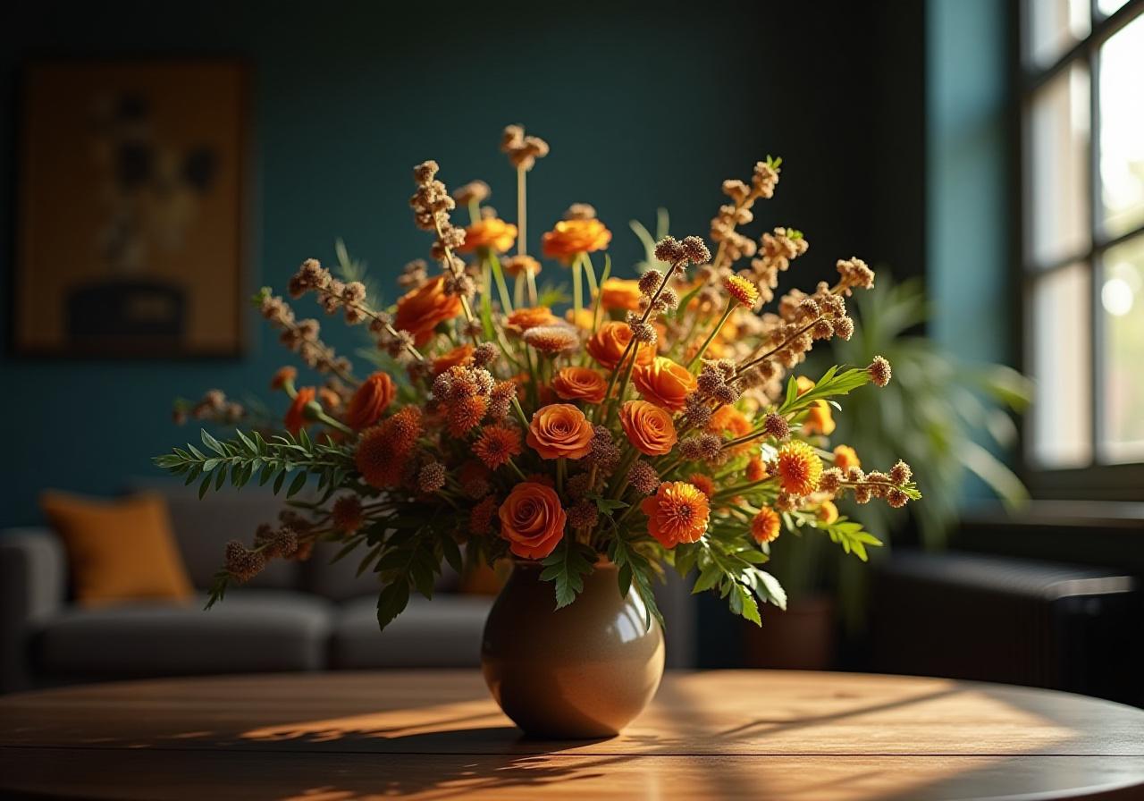 Seasonal bouquet on a minimal rustic table